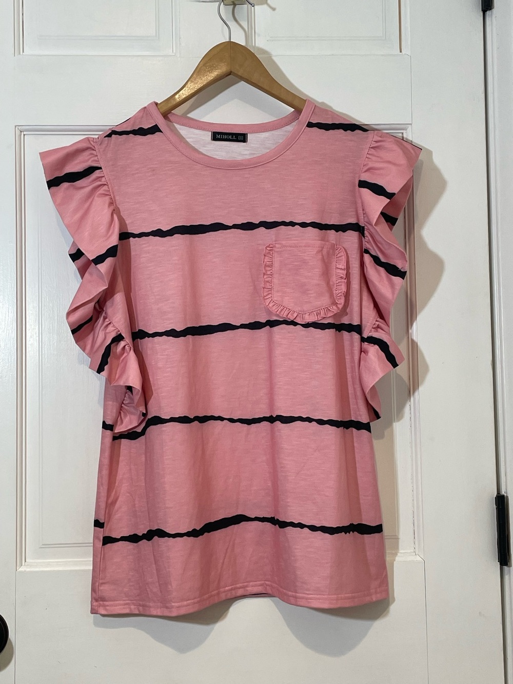 Miholl Pink Striped Ruffle-Sleeve Tee size S